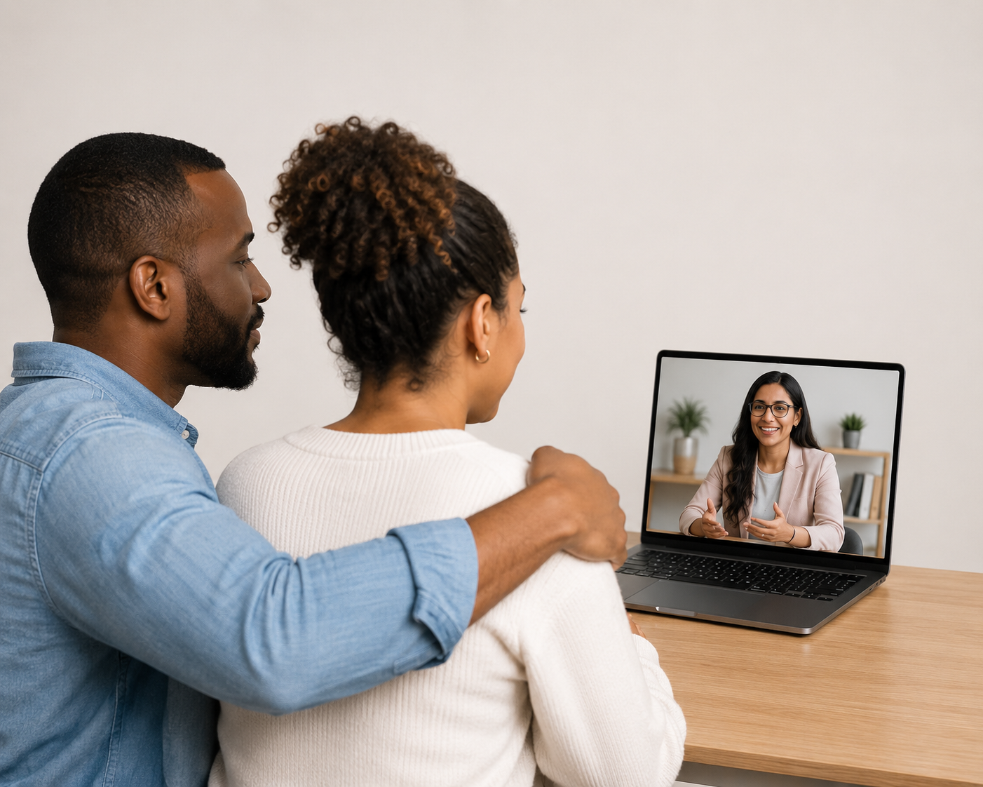 A couple in a warm session on a telehealth video call with their female clinician visible on screen